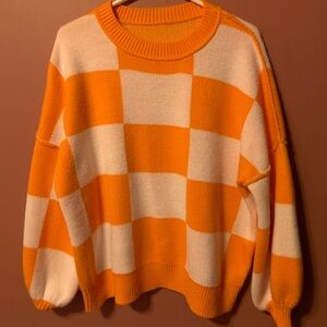 Orange White Checker Sweater Reverse Seam Large Checkerboard Pattern